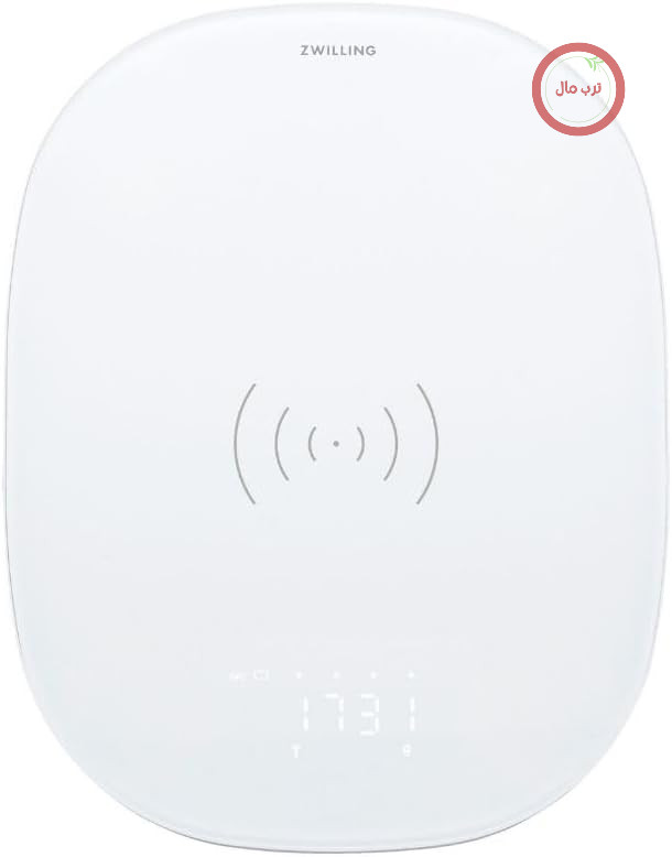 ترازوی آشپزخانه دیجیتال زولینگ ZWILLING ENFINIGY با قابلیت شارژ القایی و نمایشگر LCD، تا 10 کیلوگرم، سطح شیشه‌ای، بدنه پلاستیکی، نقره‌ای