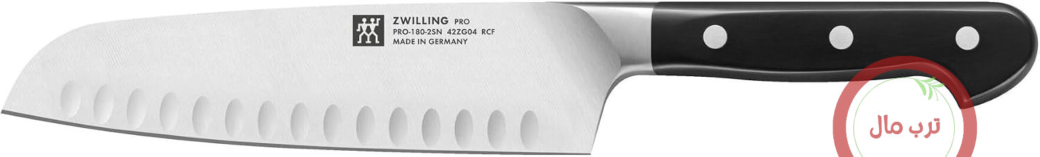 چاقوی ZWILLING Pro Santoku، 18 سانتی‌متر، تیغه با فرورفتگی، استیل ضد زنگ مخصوص، روکش لبه تیغ، دسته پلاستیکی 3 پرچ، مشکی