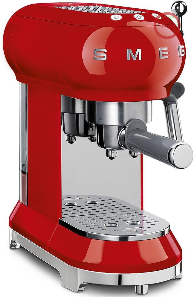 دستگاه اسپرسوساز دستی Smeg ECF01RDEU، سیستم کاپوچینو، ترموبلاک، ظرفیت فنجان بزرگ و عملکرد قهوه دوتایی، مخزن آب 1 لیتری، ابعاد جمع و جور، 1350 وات، قرمز