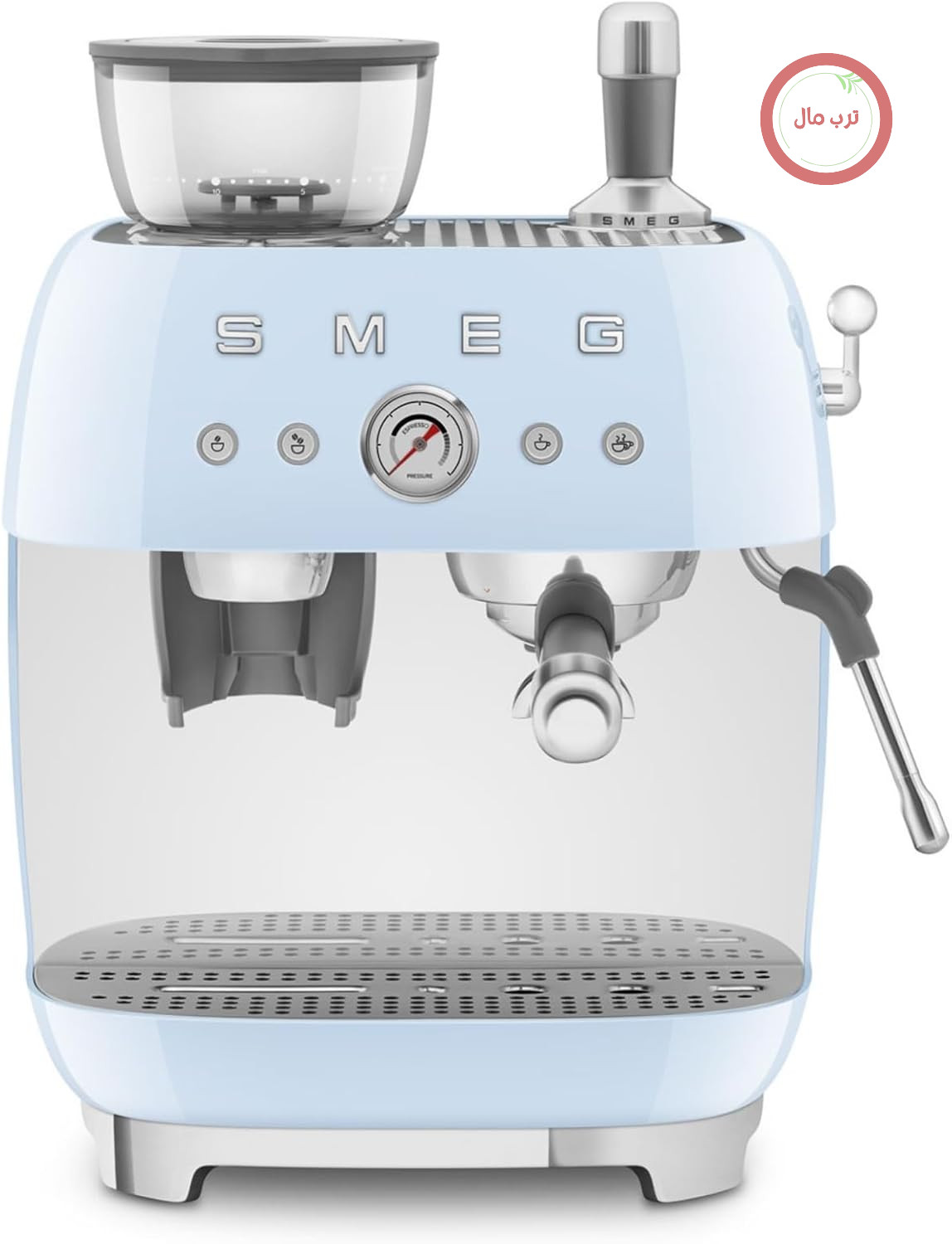 دستگاه اسپرسوساز دستی Smeg، مدل EGF03PBEU، دارای آسیاب قهوه داخلی، ترموبلاک، ۴ حالت تنظیم دما، نازل بخار و فشارسنج، مخزن ۱ لیتری، اندازه جمع و جور، ۱۳۵۰ وات، کرم، آبی پاستلی