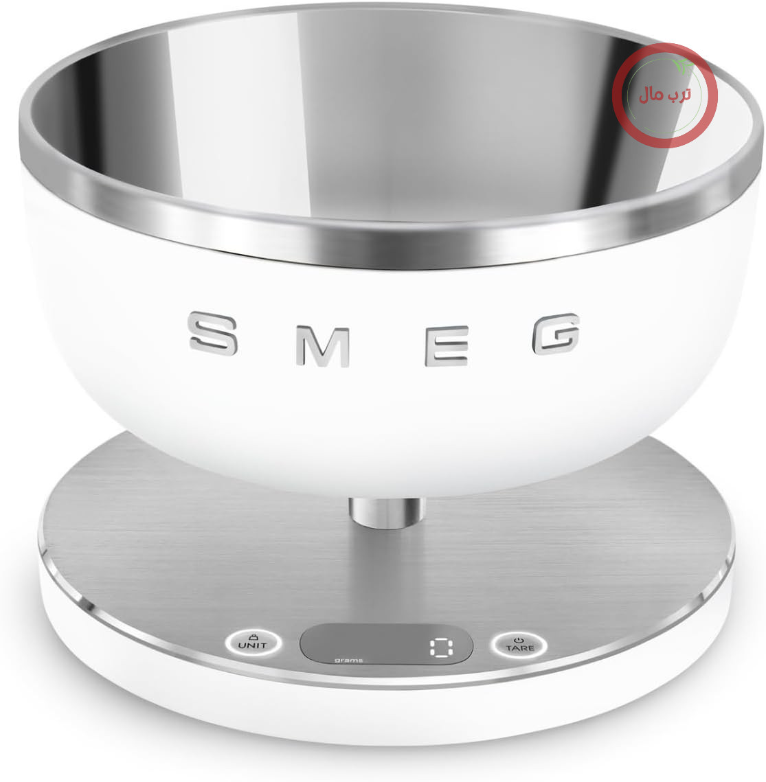 ترازوی آشپزخانه دیجیتال Smeg مدل KSC01WHMWW، کاسه استیل ضد زنگ قابل جدا شدن، چهار واحد اندازه‌گیری (گرم بر میلی‌لیتر و پوند بر اونس مایع)، با قابلیت وزن خالص، حداکثر ظرفیت 5 کیلوگرم، سفید