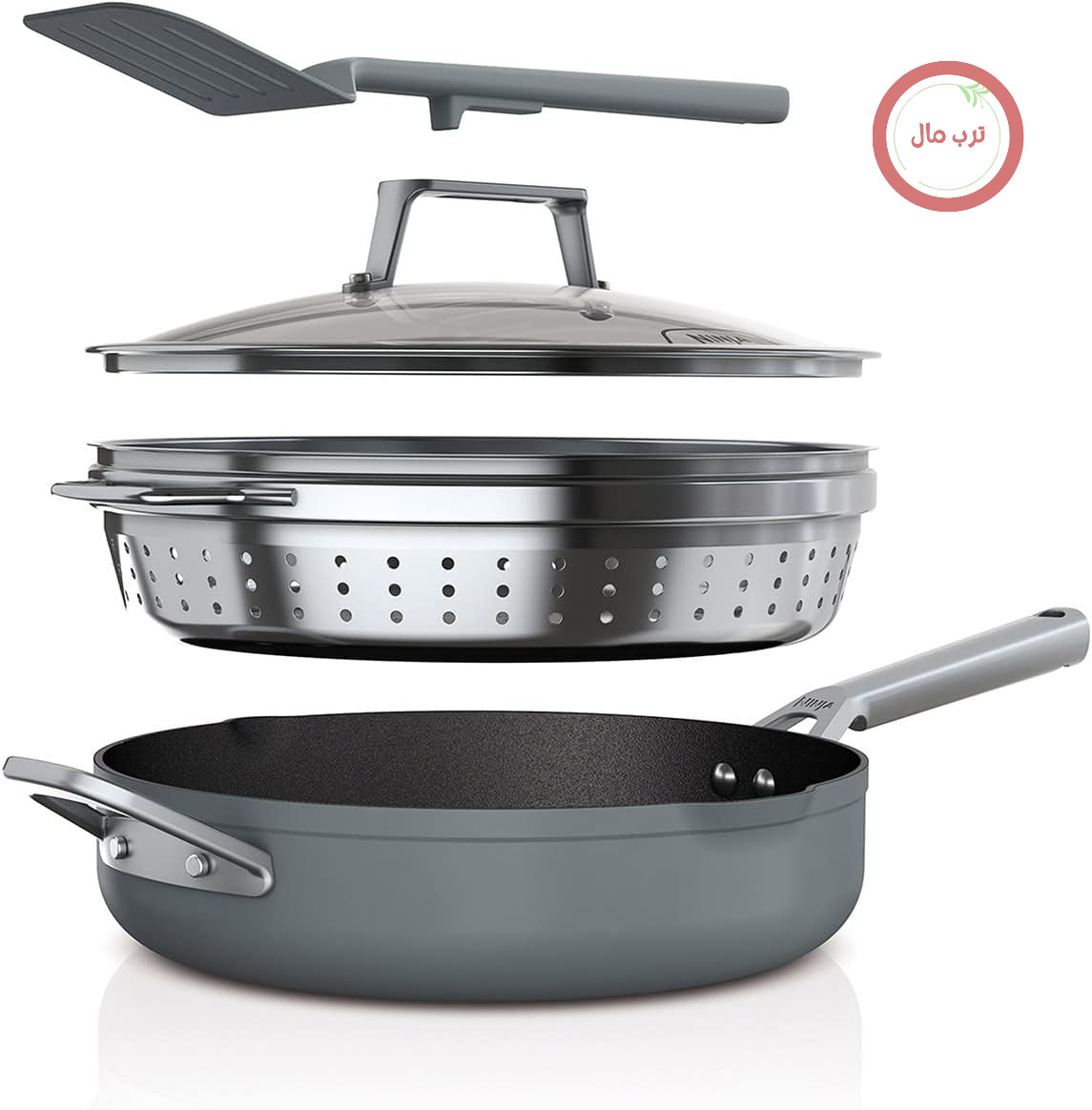 ماهیتابه بخار پز نینجا آمریکا ۹ کاره Ninja Foodi مدل PossiblePan [CW102GYUK] با فناوری ZEROSTICK، بخارپز/سیلر و کفگیر یکپارچه، نچسب، سازگار با دستگاه القایی، قابل شستشو در ماشین ظرفشویی، به رنگ خاکستری مایل به نمک دریا