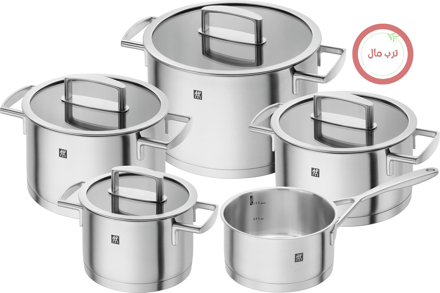 سرویس قابلمه 5 تکه ZWILLING Vitality با درب شیشه‌ای، مناسب برای اجاق گازهای القایی، بدون پوشش، استیل ضد زنگ، نقره‌ای