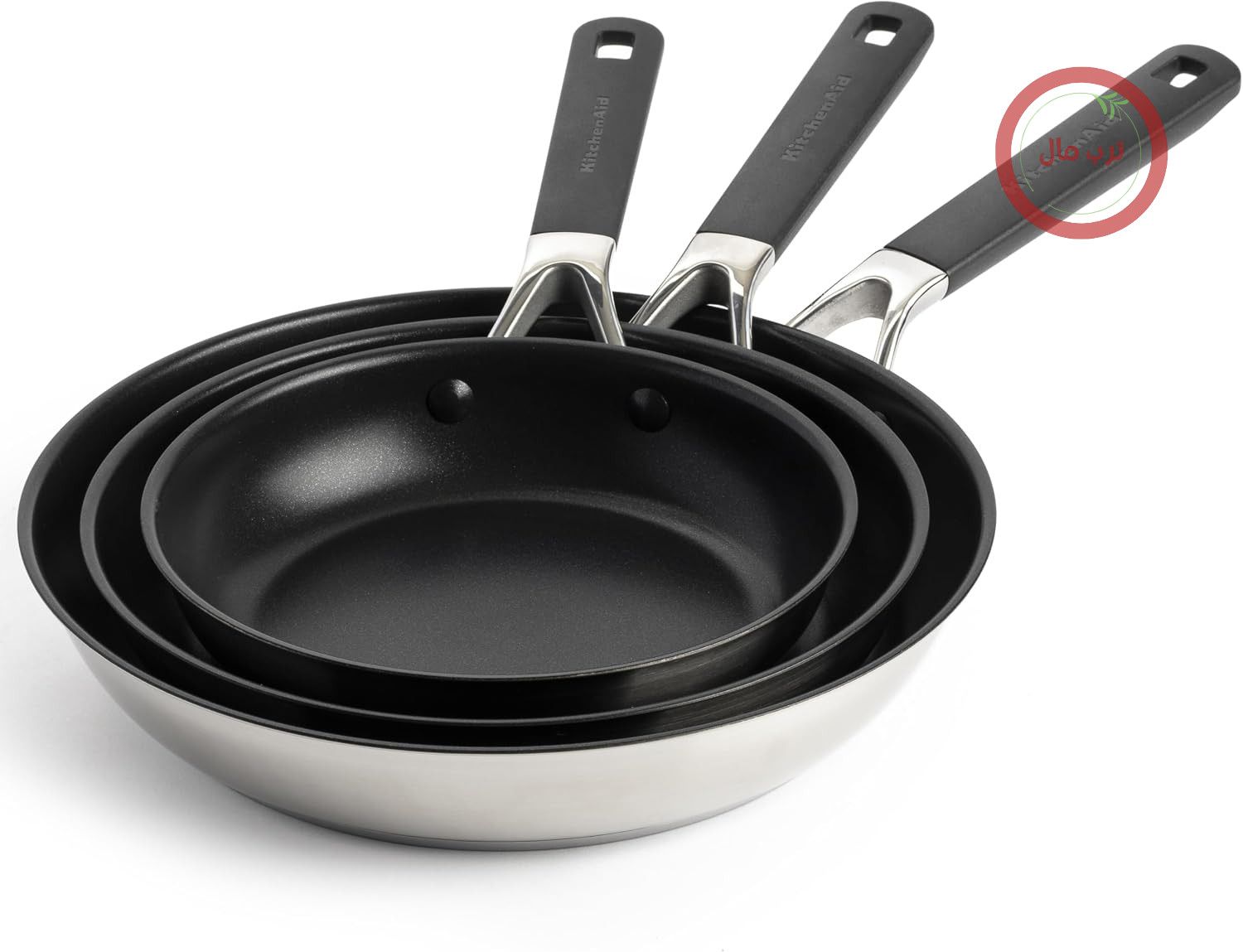 ماهیتابه سرامیکی استیل ضد زنگ کلاسیک KitchenAid با روکش نچسب، PFAS، مجموعه 3 تکه، 20 سانتی‌متر، 24 سانتی‌متر و 28 سانتی‌متر، آبکاری شده، سازگار با القا، دسته خنک‌شونده، مناسب برای فر تا 160 درجه سانتیگراد، نقره‌ای