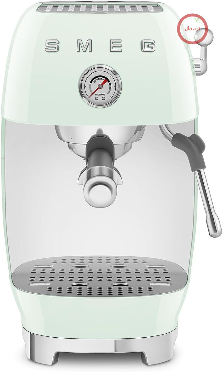 دستگاه اسپرسوساز دستی اسمگ مدل ECF03PGEU، ترموبلاک، قابلیت دم کردن قهوه سرد، نازل بخار و فشارسنج، مخزن ۱.۴ لیتری، ۱۶۵۰ وات، سبز پاستلی