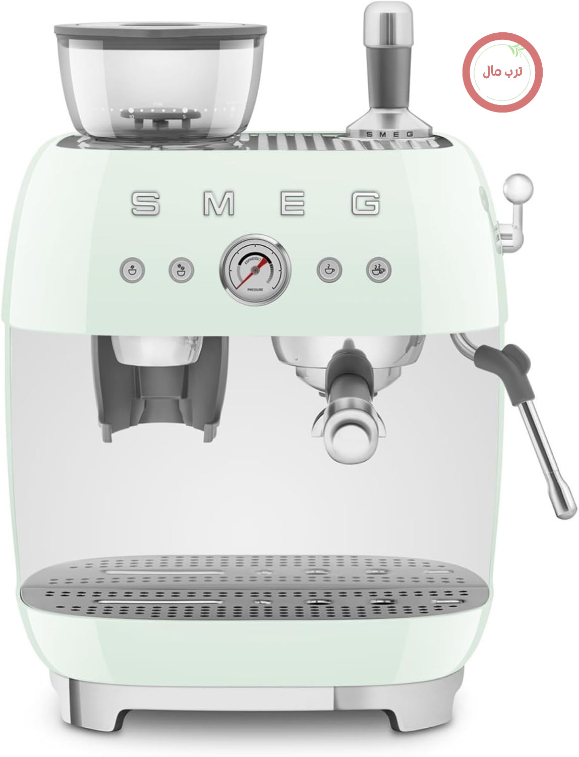 دستگاه اسپرسوساز دستی Smeg، مدل EGF03PGEU، دارای آسیاب قهوه داخلی، ترموبلاک، ۴ حالت تنظیم دما، نازل بخار و فشارسنج، مخزن ۱ لیتری، اندازه جمع و جور، ۱۳۵۰ وات، کرم، سبز پاستلی